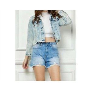 Women's Stripe Rhinestone Distressed Denim Jacket - Veveret - 1 of 4