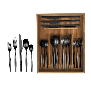 Bloomhouse 20 Piece Stone Washed Flatware 18/10 Stainless Steel Silverware Cutlery Utensil Set With Acacia Wood Caddy - Service for 4 - 1 of 4