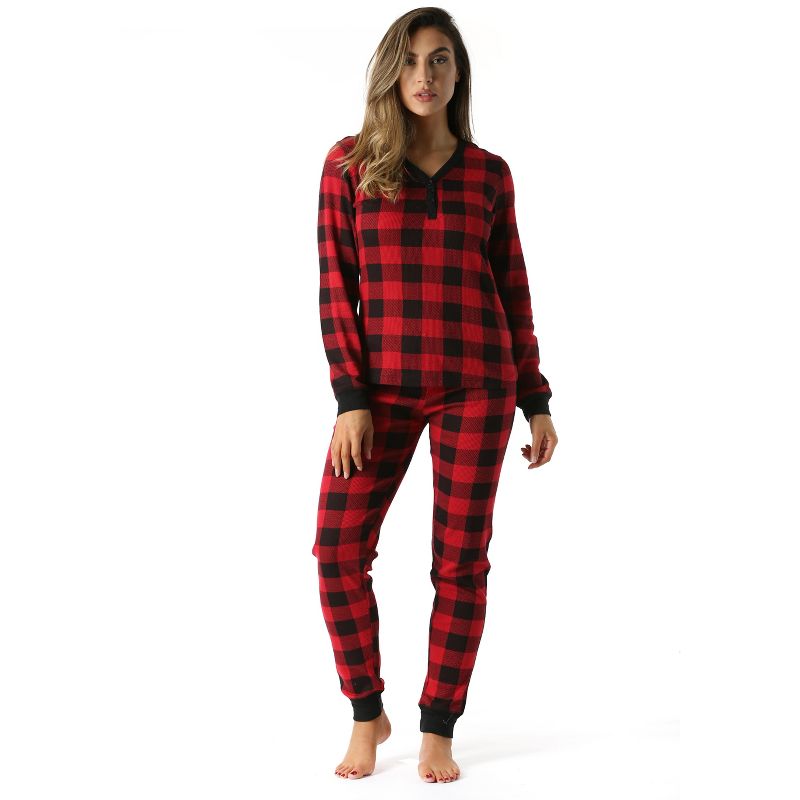 #followme Buffalo Plaid 2 Piece Thermal Pajama Set for Women -Jogger Winter Christmas PJs, 1 of 3