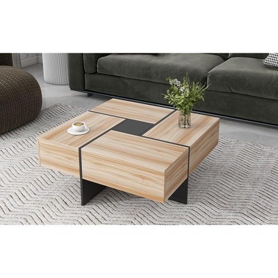 Puzzle Design Coffee Table With 4 Hidden Storage Compartments Square Cocktail Table With Extendable Sliding Tabletop