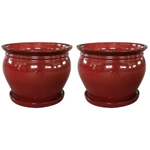 Southern Patio Wisteria 8 Inch Round Ceramic Indoor or Outdoor Garden Planter Pot with Saucer for Flowers and Plants, Red (2 Pack) - 1 of 4