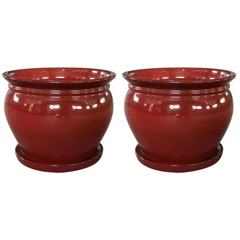 Southern Patio Wisteria 8 Inch Round Ceramic Indoor or Outdoor Garden Planter Pot with Saucer for Flowers and Plants, Red (2 Pack) - image 1 of 4