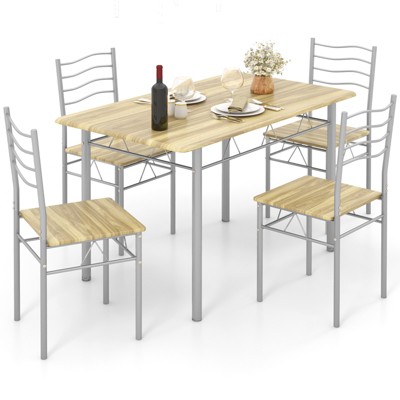 Tangkula 5 PCS Dining Table Set 4 Chairs MDF Metal Frame Kitchen Furniture Walnut