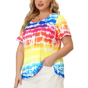 Agnes Orinda Women's Plus Size Round Neck Short Sleeve Multi Color Dye Casual Blouses - 1 of 4