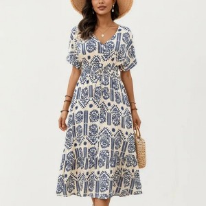 Anna-Kaci Short Sleeve Printed Midi Dress with V Neckline Drawstring Waist and Tiered Flowy Silhouette Design, Small 4-6 / Blue