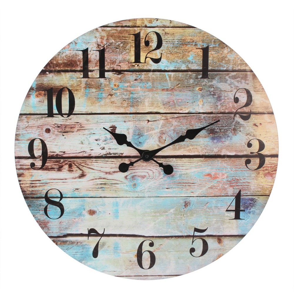 Photos - Wall Clock 23.6" Round Rustic Wooden  Blue - Stonebriar Collection