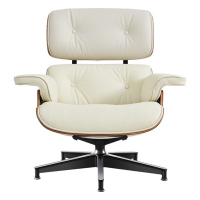 HomeRoots 27" Off White and Light Brown Tufted Genuine Leather Swivel Lounge Chair With Ottoman