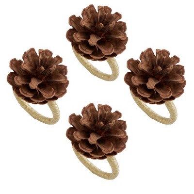 Brown Pinecone and Wood Napkin Rings Set of 4