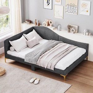 Costway Twin/Full Size Upholstered Daybed Rivet-Tufted Platform Bed with Metal Legs Wood Slats - 1 of 4