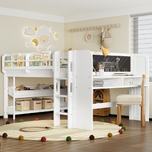 ORRD Full Size Loft Bed with Desk & Blackboard, Solid Wood Kids Storage Bed with Bookcase & Drawers, White, Space Saver - 1 of 4