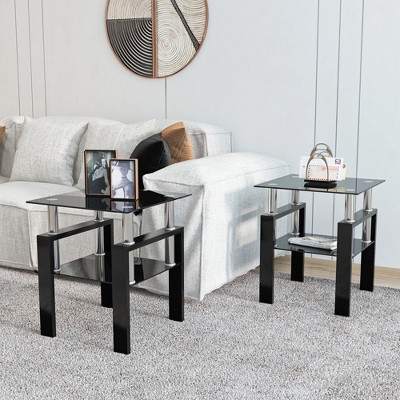 Syemin Side Table SEt of 2, Double Layer Coffee Table with Stylish Glass Tabletop for Living Room Terrace Bedroom, Clear, 17.72"*17.72"*20.5"