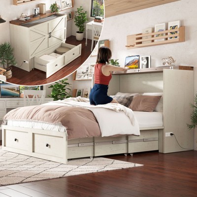 AMERLIFE Murphy Bed with Storage& Charging Station, Farmhouse Cabinet Bed, Noise-Free, for Guest Room, Apartment, or Office