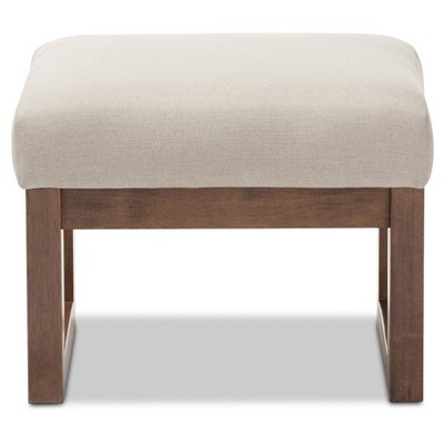 Yashiya Light Beige Fabric Upholstered Ottoman Stool with Walnut Wood Base