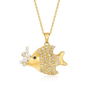 Ross-Simons 1.40 ct. t.w. White Topaz Fish Pendant Necklace With 2-4mm Cultured Pearls and Single Black Spinel in 18kt Gold Over Sterling - 1 of 2