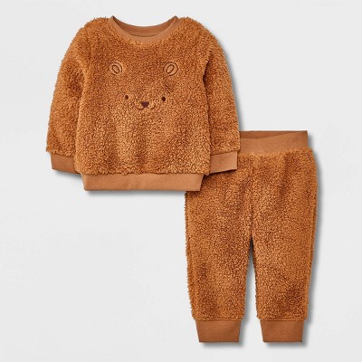 Baby Embroidered Faux Shearling Top & Bottom Set - Cat & Jack™ Brown 0-3M