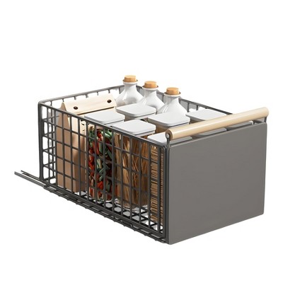 Pull Out Cabinet Organizer Kitchen Cupboard Organiser - No Drill Adjustable Spice Drawer, Small Grey Sliding Mesh Basket with Handle