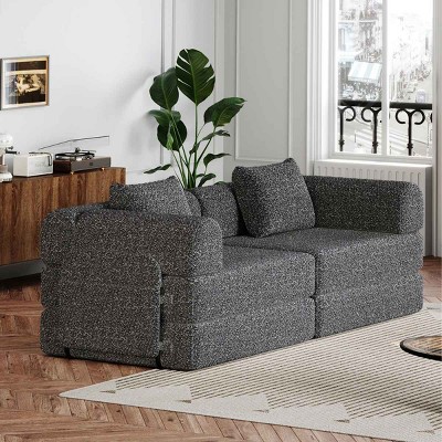 2-Seater Convertible Sofa Bed with Space-Saving Design, Modular Folding Floor Sofa with Side Storage Pockets, Chenille Fabric Sofa-Coolbibila
