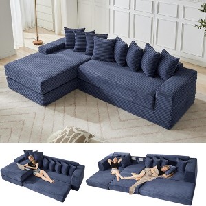 Left-Facing L-Shaped Sectional Sofa, Convertible Floor Sleeper Sofa Bed with 8 Pillows & Side Pocket, Corduroy Modular 3-in-1 Sofa, No Assembly - 1 of 4