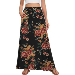 Women's 2025 Maxi A-Line Skirt - Elastic High Waist Flowy Long Skirt with Pockets Brown Floral Black - 1 of 4