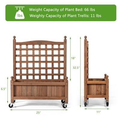 Natural Fir Wood Planter Box with Trellis and Wheels