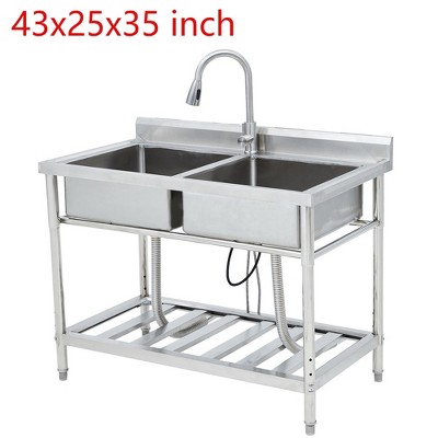 43"x25"x35" Stainless Steel Commercial Sink Kitchen Utility Sink 2 Compartment With Faucet