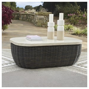 Signature Design by Ashley Kimora Outdoor Patio Coffee Table - Weather Resistant Wicker with Marble-Look Aluminum Top, Dark Brown - 1 of 4