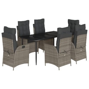 vidaXL 7 Piece Patio Dining Set with Cushions - Adjustable Gray PE Rattan Chairs, Glass Top Table for Garden/Backyard/Deck - 1 of 4