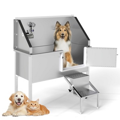 Sevobal Pet Grooming Tools, Dog Washing Station with Tub, Stairs, Water Filter Board and Faucet for Pets of Any Size, Silver, 48.4"*41"*56.3"