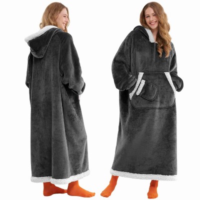 Joyfy Adult Wearable Blanket Hoodie Gray Sweatshirt for Women Men Gifts Fleece Blanket Pullover  front Pocket Warm  Fleece Long Hooded Blanket