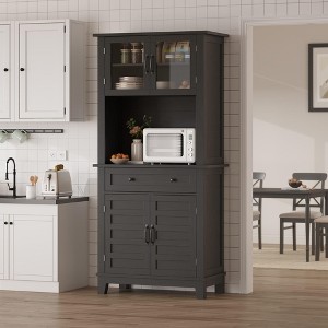 72" Tall Kitchen Pantry Cabinet, Wood Cupboard Storage Cabinet with Microwave Stand, Coffee Bar Cabinet with Glass Door for Living Room Kitchen - 1 of 4