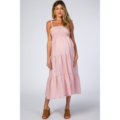 PinkBlush Pink Checkered Tiered Maternity Midi Dress