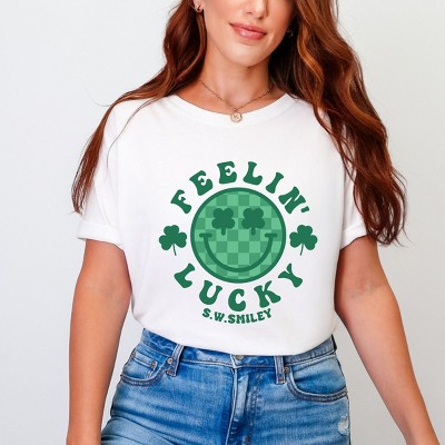 Simply Sage Market S.W.Smiley Feelin Lucky Checkered Smiley Face  Garment Dyed Tee