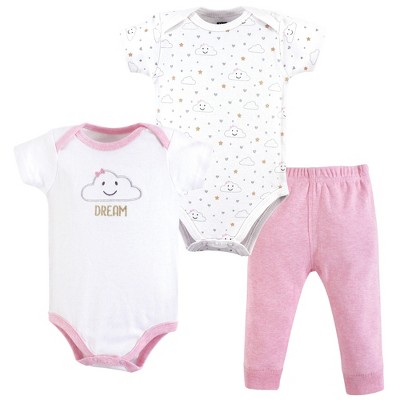 Image of Hudson Baby Infant Girl Cotton Bodysuit and Pant Set, Pink Clouds, 0-3 Months