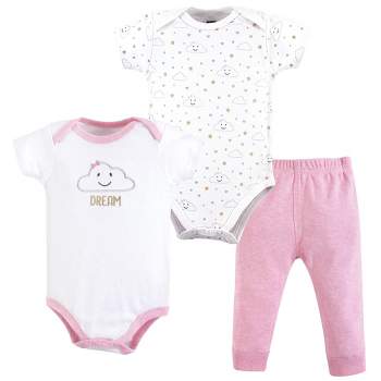 Hudson Baby Infant Girl Cotton Bodysuit and Pant Set, Pink Clouds