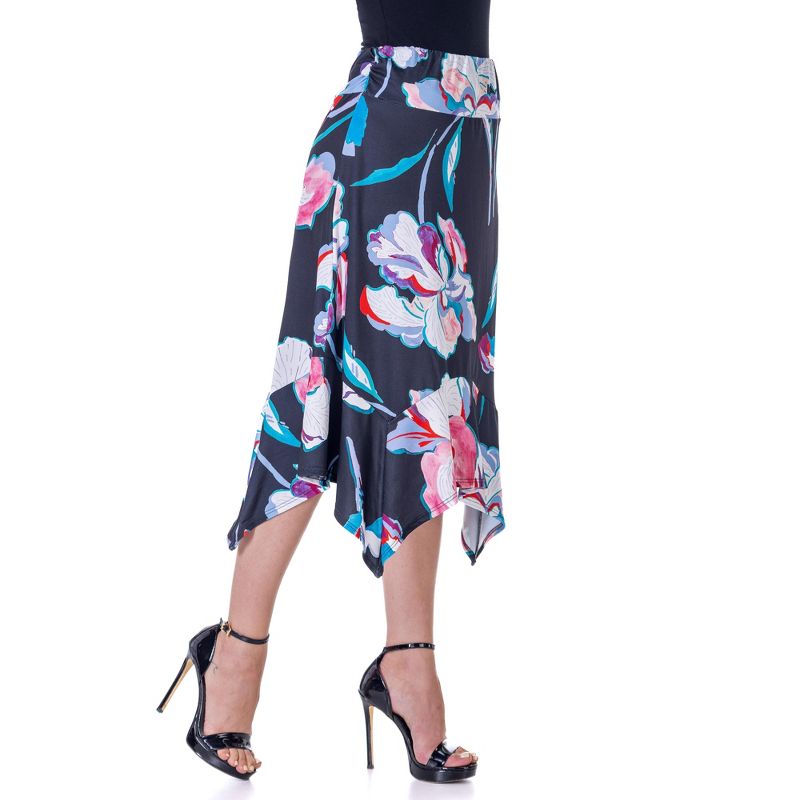 24seven Comfort Apparel Womens Elastic Waist Floral Knee Length Handkerchief Hemline Skirt, 2 of 7