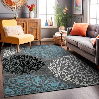 Gray and Blue Floral Synthetic Area Rug