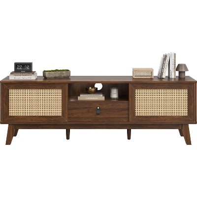 Lirago Rattan TV Stand Mid Century Modern Wood TV Media Console with Drawer and 2 Cabinets Boho Entertainment Center for Living Room