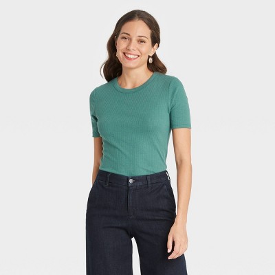 Women&#39;s Short Sleeve Ribbed T-Shirt - A New Day&#8482; Light Green M