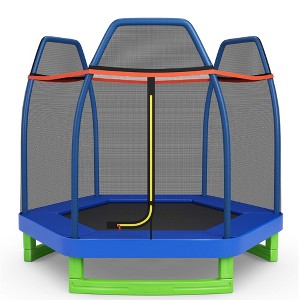 Costway 7 FT Kids Trampoline with Safety Enclosure Net Spring Pad Indoor Outdoor Heavy Duty Yellow/Blue/Green - 1 of 4