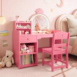 Kids Vanity with Lights, 2-in-1 Princess Makeup Desk & Chair Set, Open Bookshelf, Storage Cabinet & Shelves for Little Girls - 1 of 4
