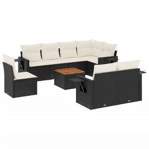 vidaXL 9 Piece Patio Sofa Set with Cushions Black Poly Rattan - Black and Cream 3x Middle + Corner + Table - 1 of 4