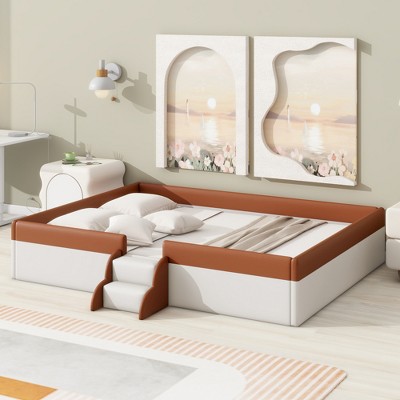 Twin/Full/Queen/King Size Upholstered Daybed Frame with Fence and Stairs, Brown+White 4L - ModernLuxe