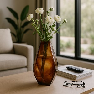 Decorative Large Geometric Glass Vase for Living Room Decor - Contemporary Flower Vase for Bedroom, Office Accent, and Home Decor - 10", Brown - 1 of 4