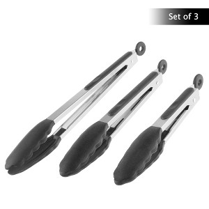 Hastings Home Stainless Steel Nonstick Kitchen Tongs With Silicone Tips - Black, Set of 3 - 1 of 4