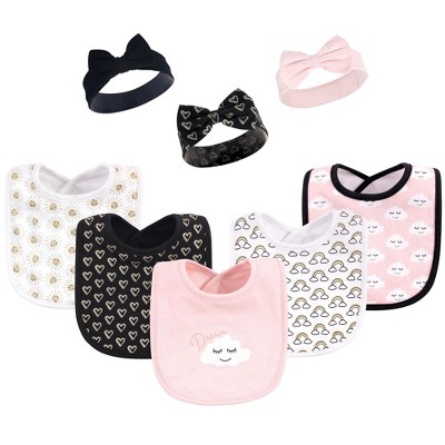 Image of Hudson Baby Infant Girl Cotton Bib and Headband or Caps Set 8pk, Dream Love, One Size