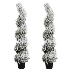 poetree 3 ft./4 ft. Artificial Flocked Cedar Spiral Topiary Trees with Planters for Outdoor & Indoor Christmas Decor, 2-Pack - 1 of 4