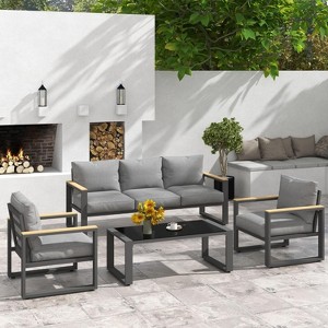 Heynemo Aluminum Patio Furniture Set, 4 Piece Outdoor Conversation Set with Coffee Table, Metal Patio Furniture Set for Porch Backyard Garden - 1 of 4