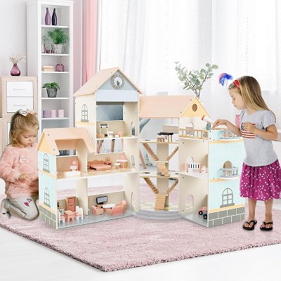 Costzon Wooden Dollhouse for Kids, 3-Story House with 41 Furniture Pieces, 8 Rooms, Stairs & Balcony, Pretend Play Gift for Girls 3+ (Pink)