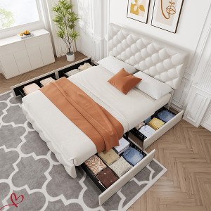 Full/QUEEN/KING  Size Bed Frame with 4 Storage Drawers and Adjustable Headboard Faux Leather Upholstered Platform Beds No Box Spring Needed - 1 of 4