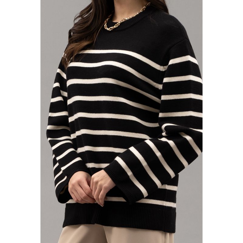 August Sky Women's Crew Neck Relaxed Fit Stripe Knit Sweater, 4 of 7